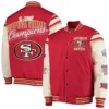 San francisco 49ers victory formation commemorative full snap varsity jacket red white 1