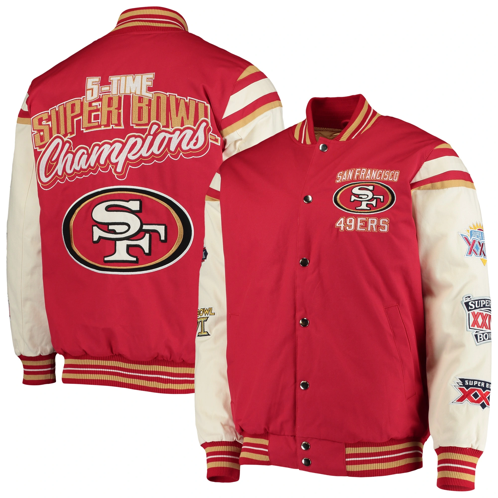 San francisco 49ers victory formation commemorative full snap varsity jacket red white 1