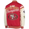 San francisco 49ers victory formation commemorative full snap varsity jacket red white 2 1