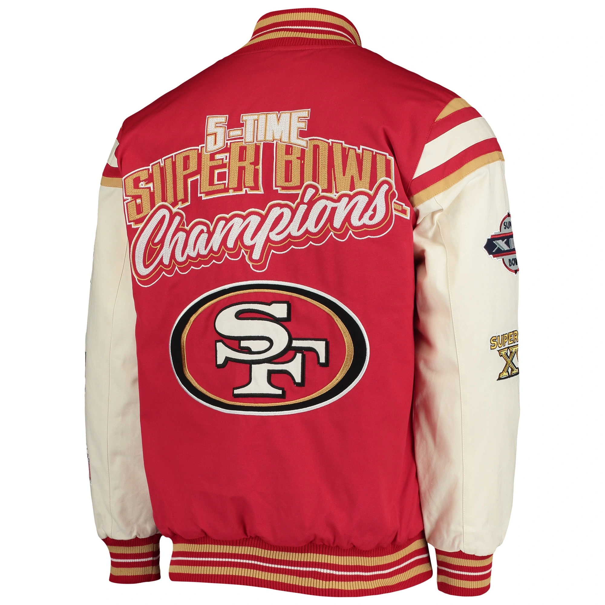 San francisco 49ers victory formation commemorative full snap varsity jacket red white 2 1