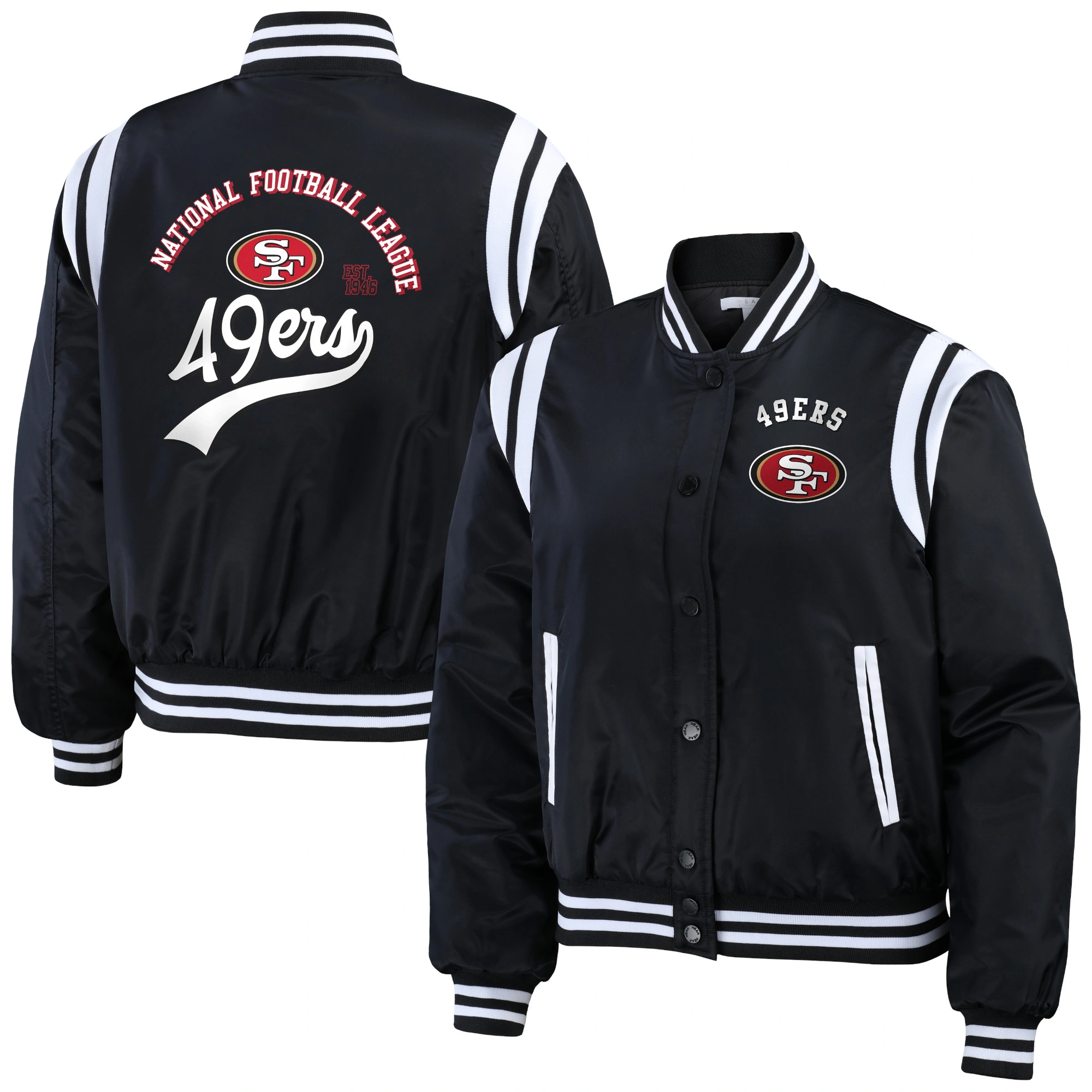 San francisco 49ers womens full snap bomber varsity jacket black 1