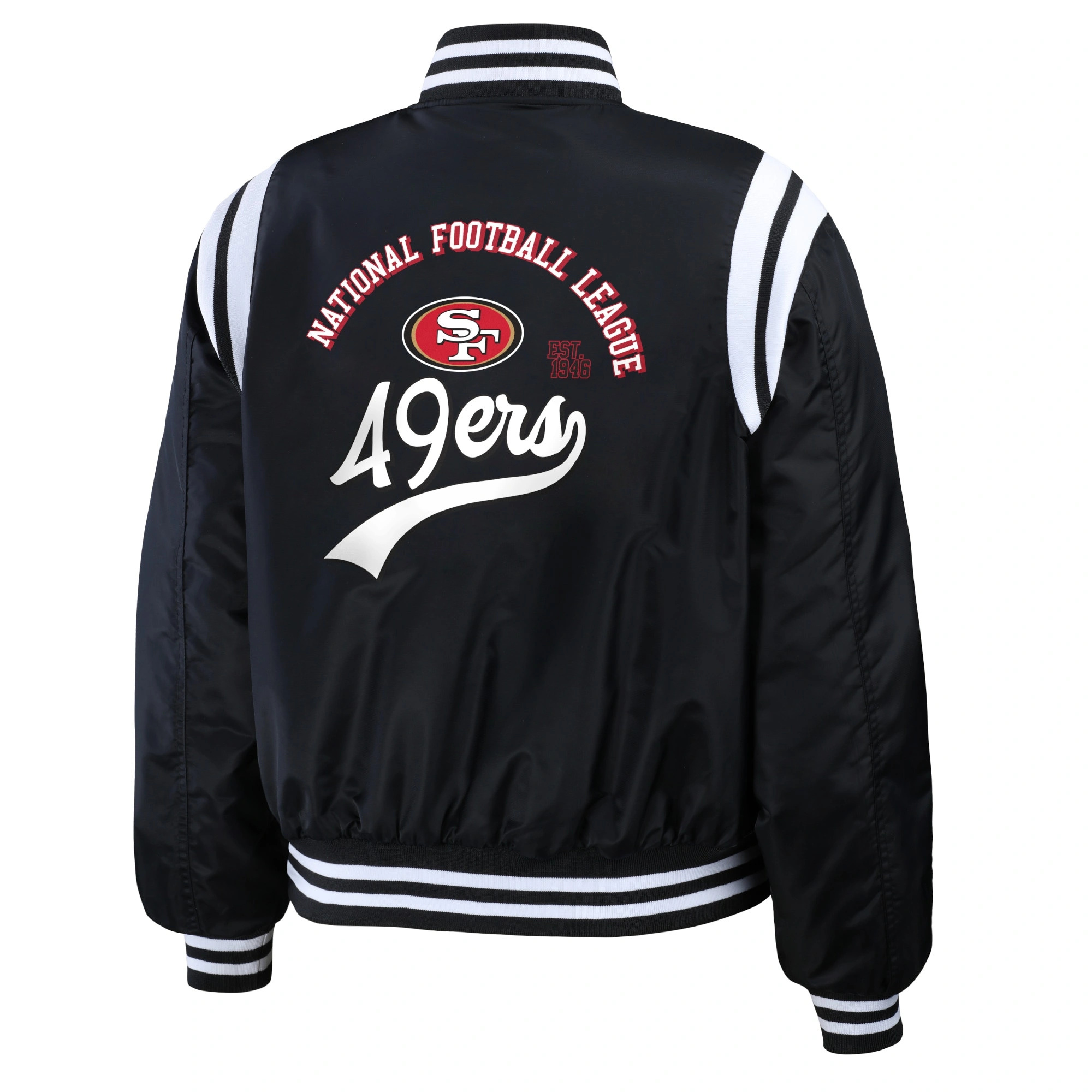 San francisco 49ers womens full snap bomber varsity jacket black 2 1