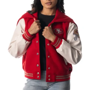 San francisco 49ers womens sailor full snap hooded varsity jacket 1