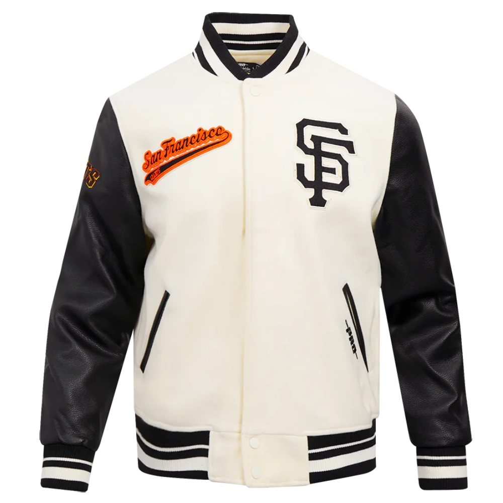 San francisco giants script tail wool leather varsity jacket white black 6