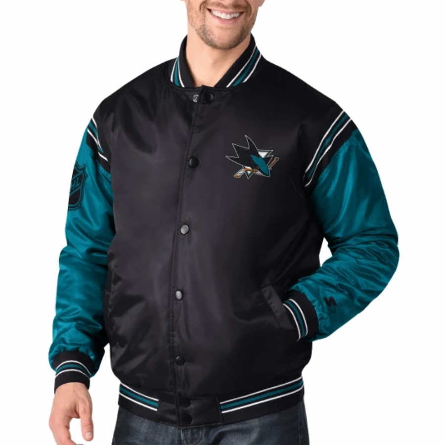 San jose sharks enforcer full snap satin varsity jacket blackblue 1