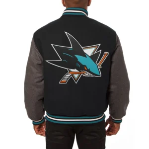 San jose sharks handmade two tone wool varsity jacket black grey 1 1