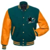 San jose sharks letterman wool leather varsity jacket greenorange 1 1