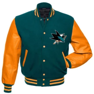 San jose sharks letterman wool leather varsity jacket greenorange 1 1