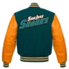 San jose sharks letterman wool leather varsity jacket greenorange 2 1