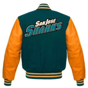 San jose sharks letterman wool leather varsity jacket greenorange 2 1