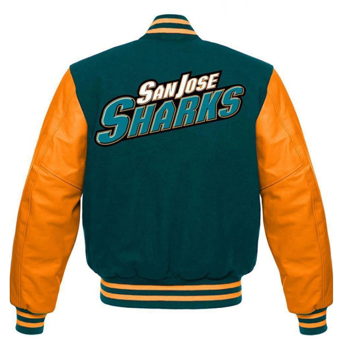 San jose sharks letterman wool leather varsity jacket greenorange 2 1
