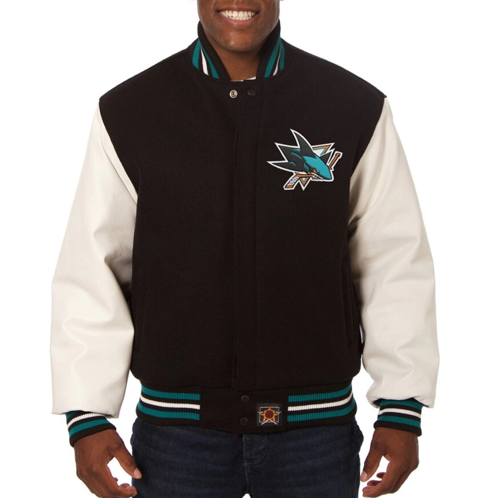San jose sharks two tone wool leather jacket black white 1