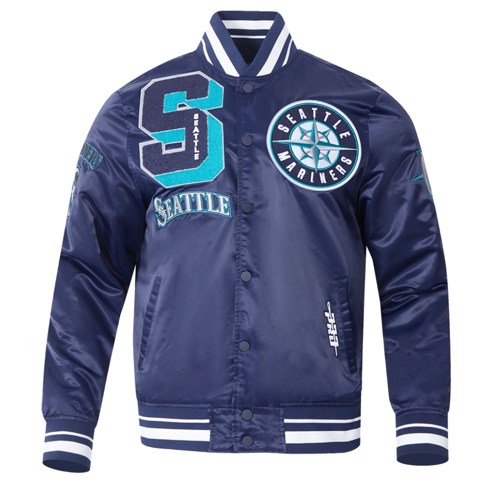 Seattle mariners mashup full snap satin varsity jacket navy 1 1