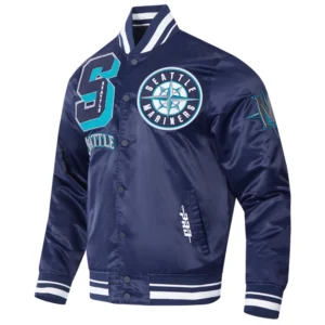 Seattle mariners mashup full snap satin varsity jacket navy 8 1