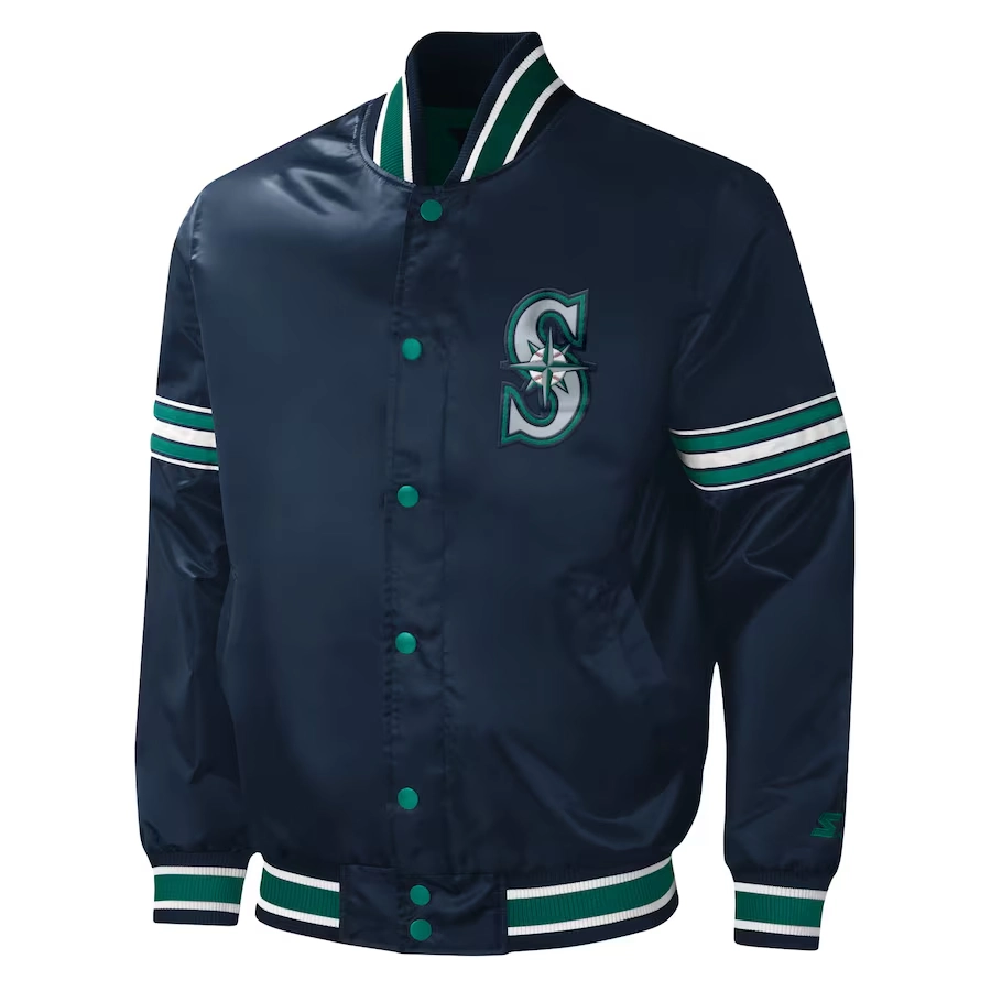 Seattle mariners midfield full snap satin varsity jacket navy 1