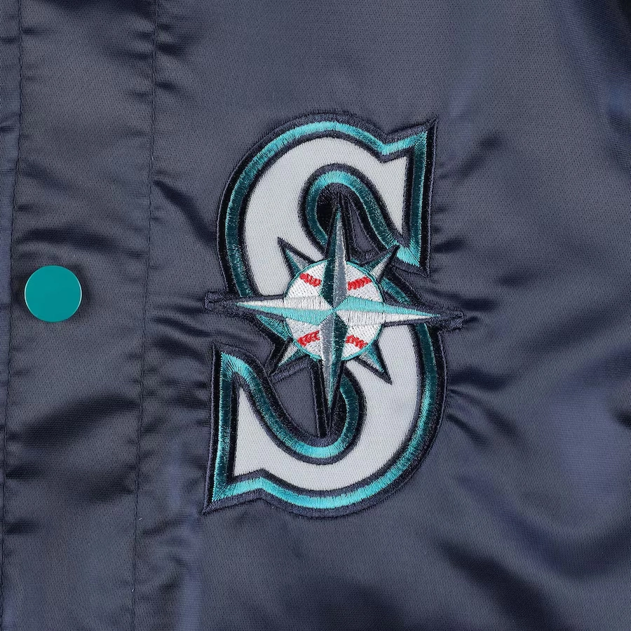 Seattle mariners midfield full snap satin varsity jacket navy 3