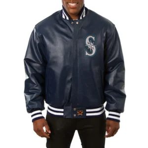 Seattle mariners real leather varsity jacket navy 1