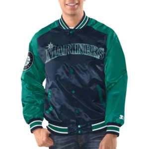 Seattle mariners renegade satin varsity jacket navy aqua 1