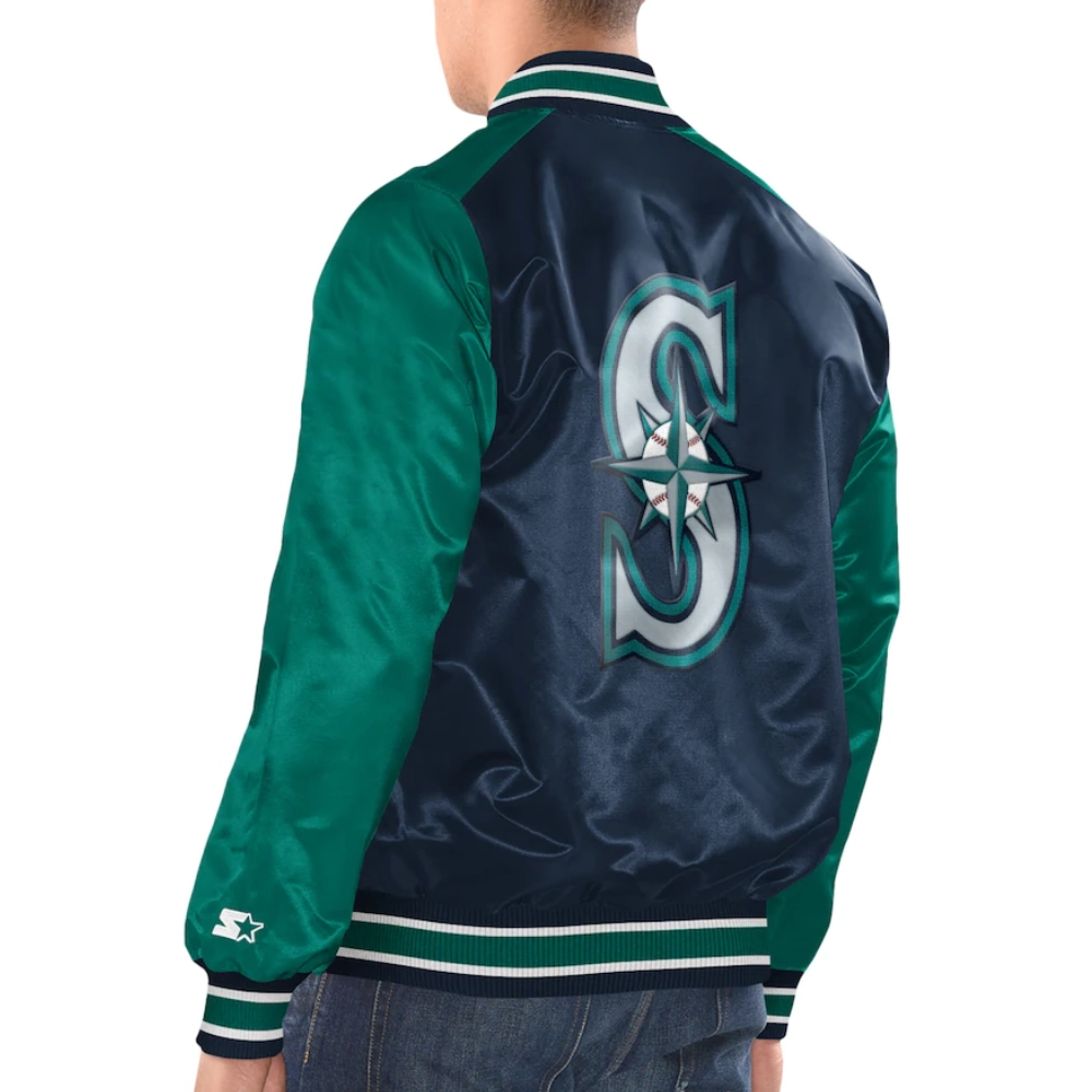 Seattle mariners renegade satin varsity jacket navy aqua