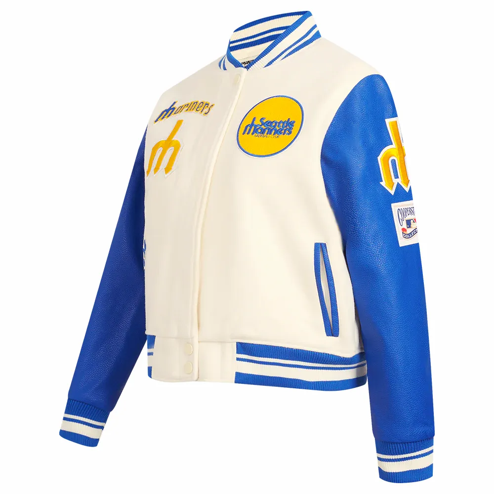 Seattle mariners retro classic womens wool leather varsity jacket white blue 1