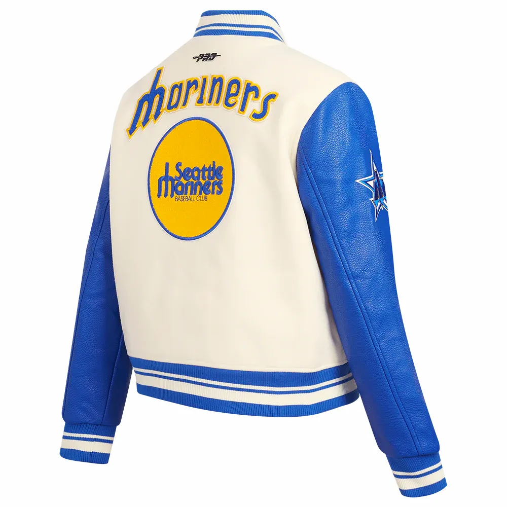 Seattle mariners retro classic womens wool leather varsity jacket white blue 10