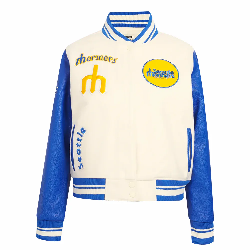 Seattle mariners retro classic womens wool leather varsity jacket white blue 9