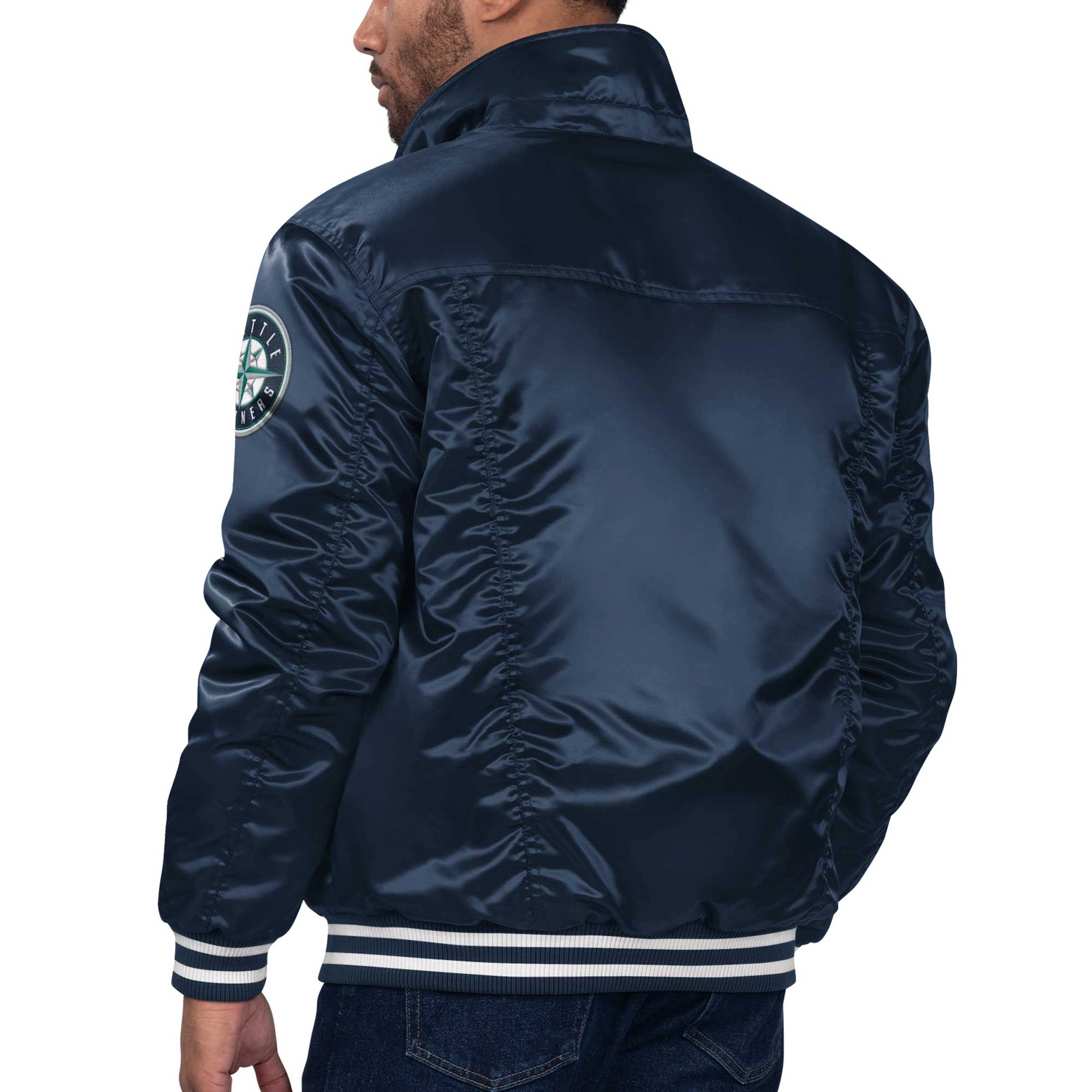 Seattle mariners silver tab trucker satin varsity jacket navy 1 1