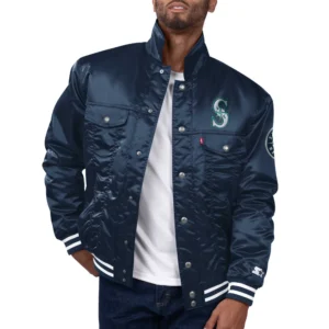 Seattle mariners silver tab trucker satin varsity jacket navy 1