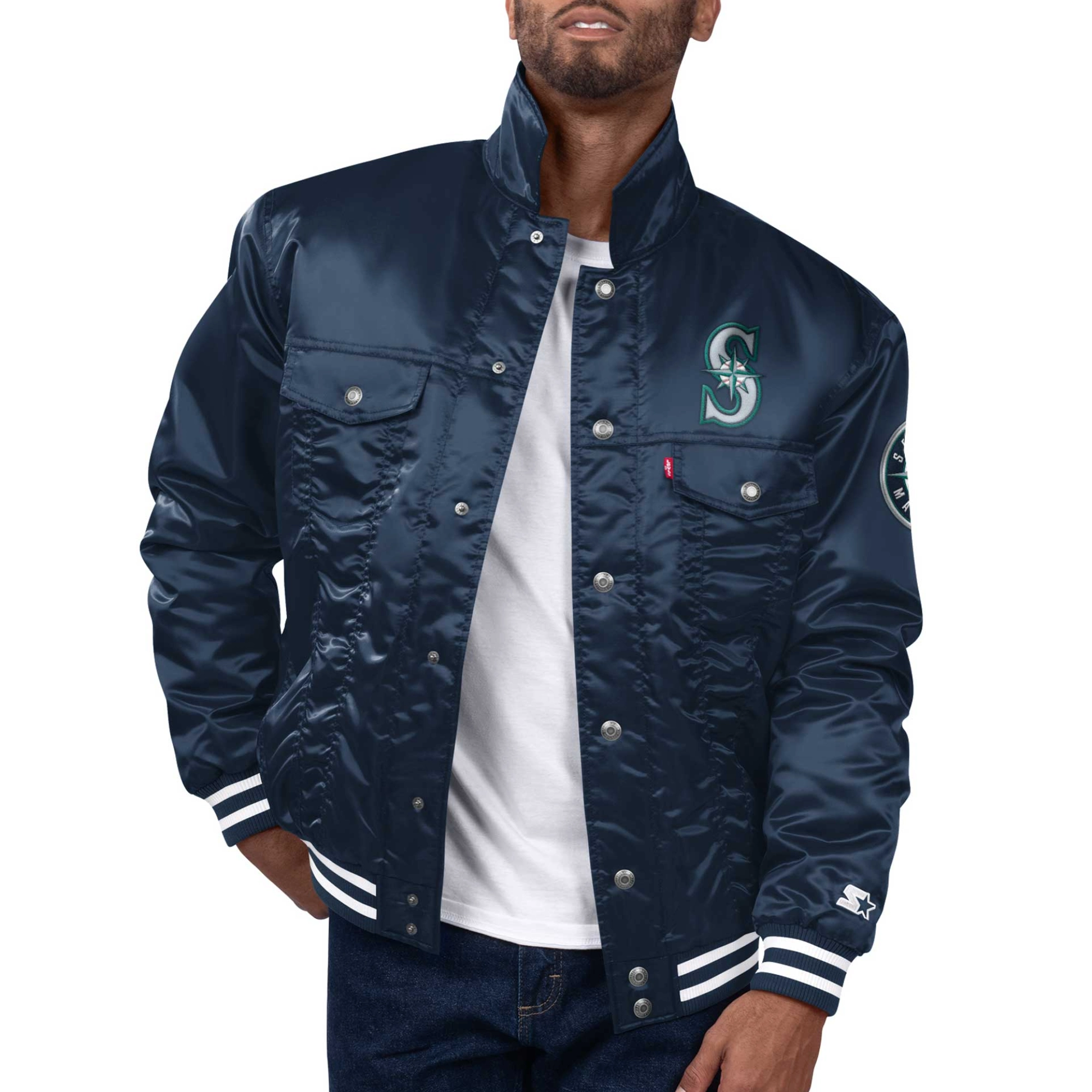 Seattle mariners silver tab trucker satin varsity jacket navy 1