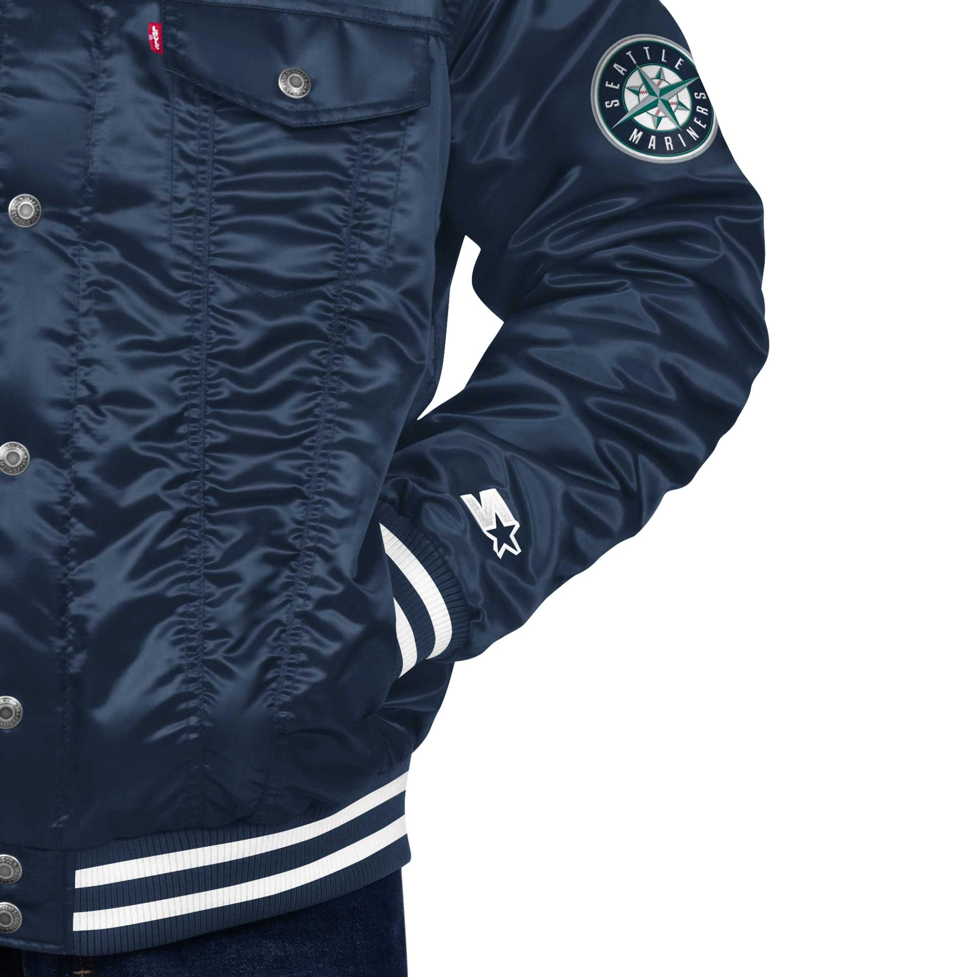 Seattle mariners silver tab trucker satin varsity jacket navy 2 1
