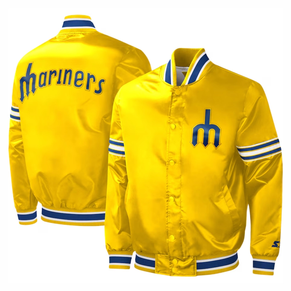 Seattle mariners slider full snap satin varsity jacket yellow 1
