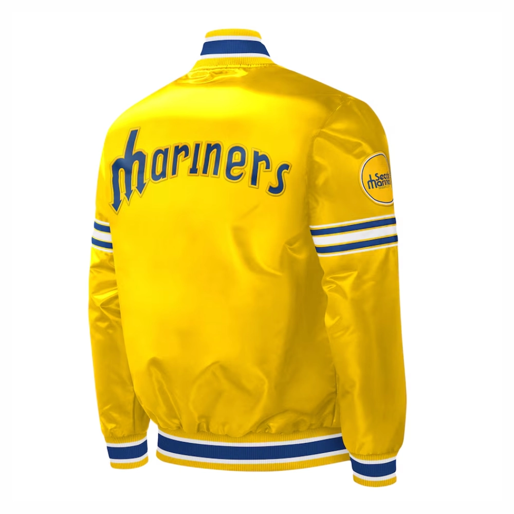Seattle mariners slider full snap satin varsity jacket yellow 3
