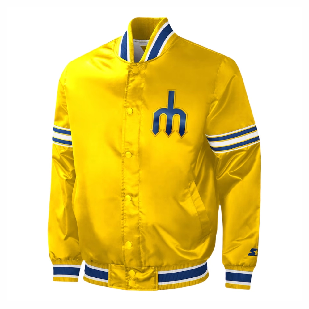 Seattle mariners slider full snap satin varsity jacket yellow