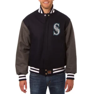 Seattle mariners two tone handcrafted logo wool jacket navy gray 1