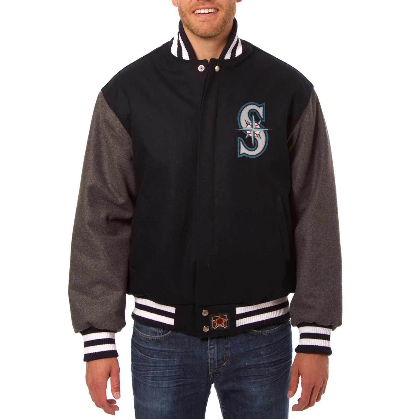 Seattle mariners two tone handcrafted logo wool jacket navy gray 1