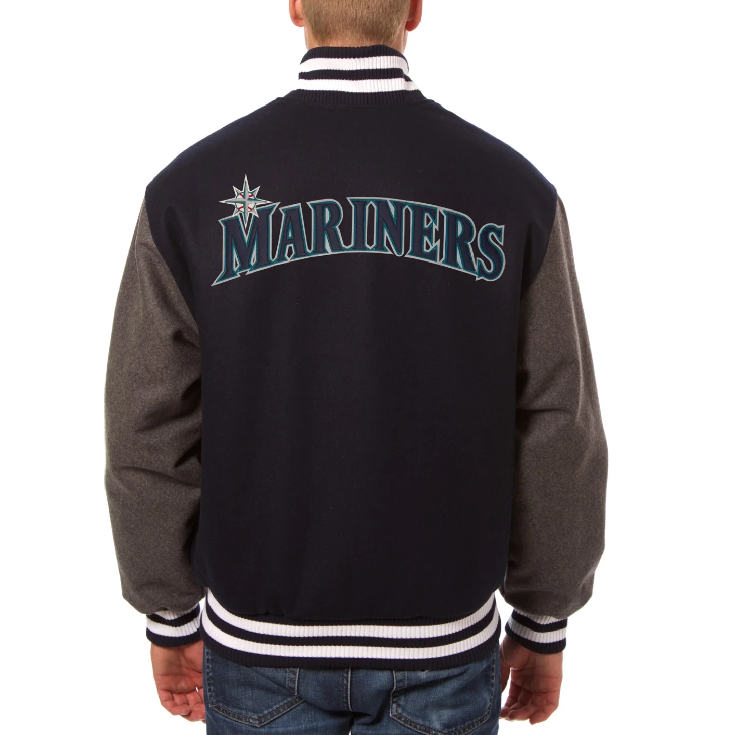 Seattle mariners two tone handcrafted logo wool jacket navy gray 2