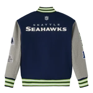 Seattle seahawks navy grey full snap wool varsity jacket