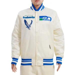 Seattle seahawks retro classic full snap satin varsity jacket cream 3