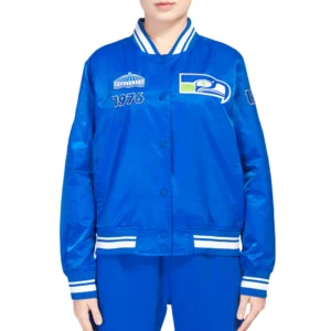 Seattle seahawks retro classic womens full snap satin varsity jacket blue 3