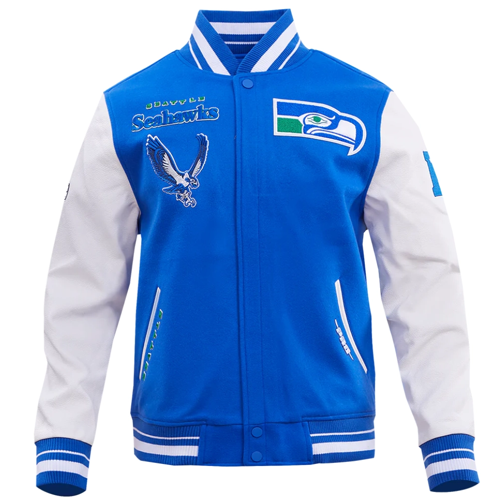 Seattle seahawks retro classic wool leather varsity jacket blue white 9