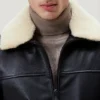 Shearling fur collar mens black jacket