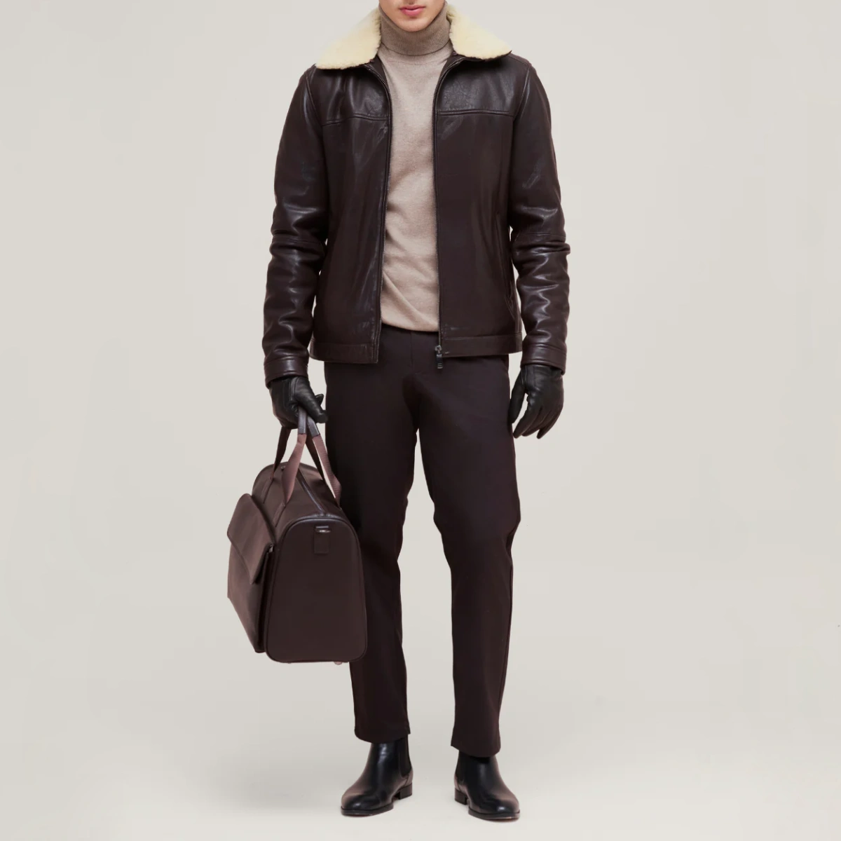 Shearling mens brown leather jacket