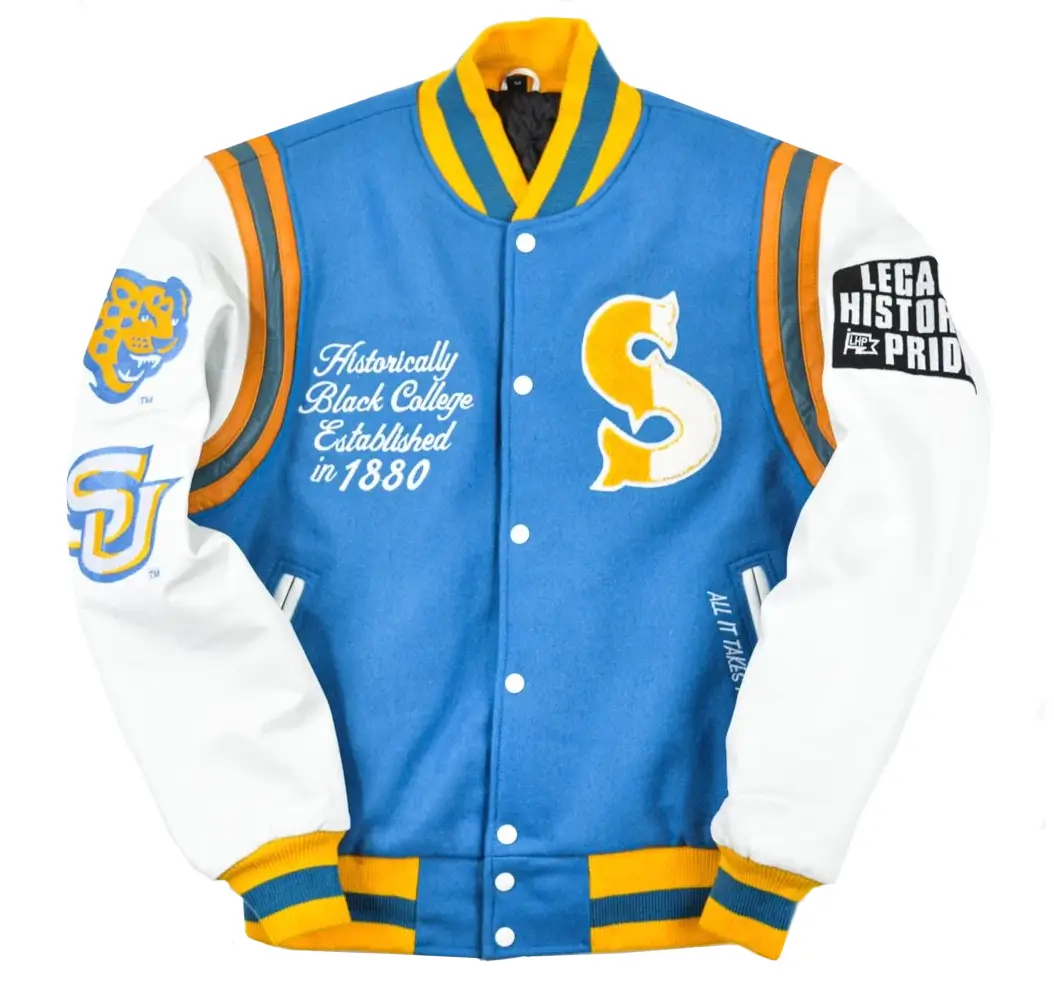 Southern university motto 20 sky blue white wool leather varsity jacket 1