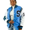 Spelman college motto 30 sky blue white wool leather varsity jacket 3