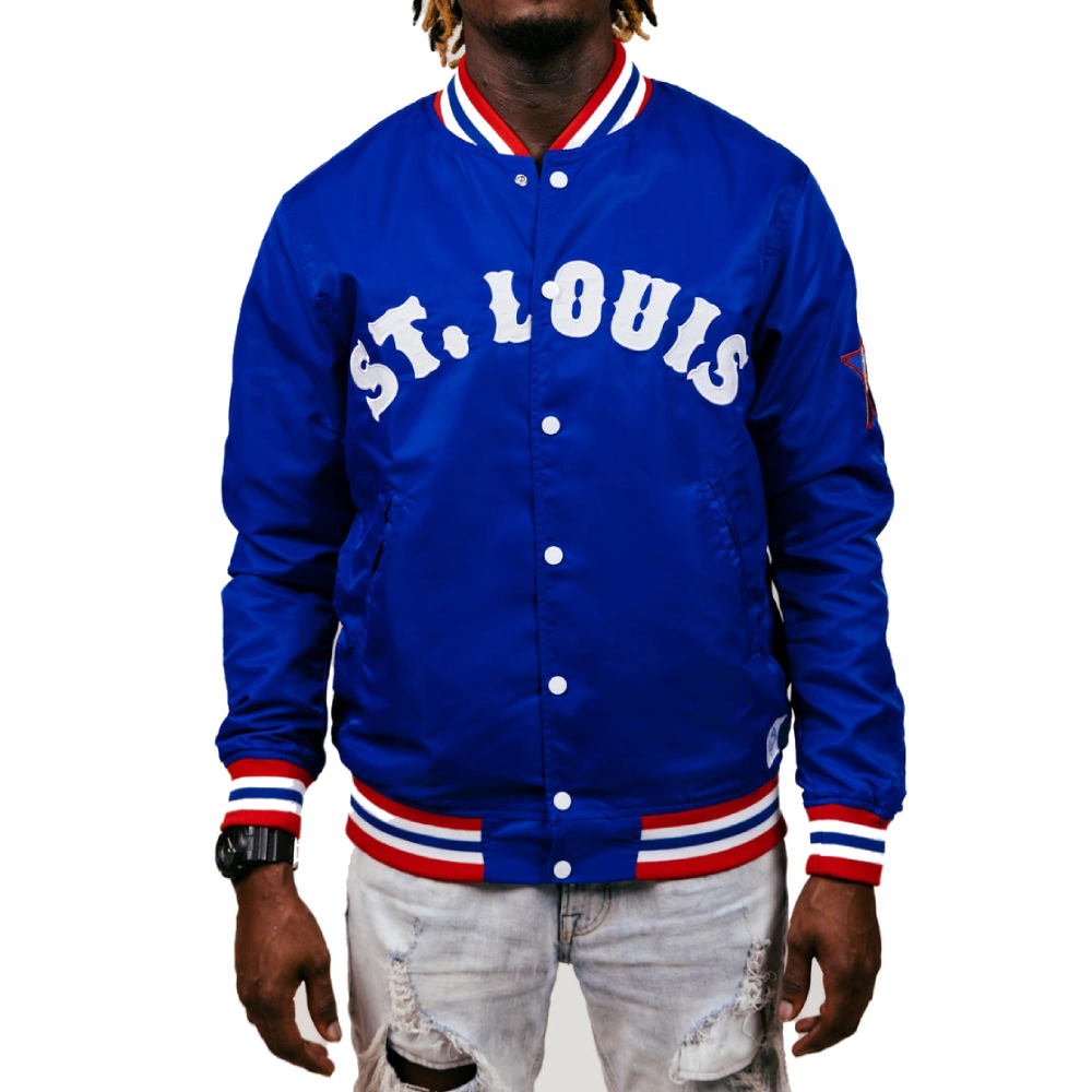 St louis stars classic ribbed knitted satin varsity jacket blue 2 1