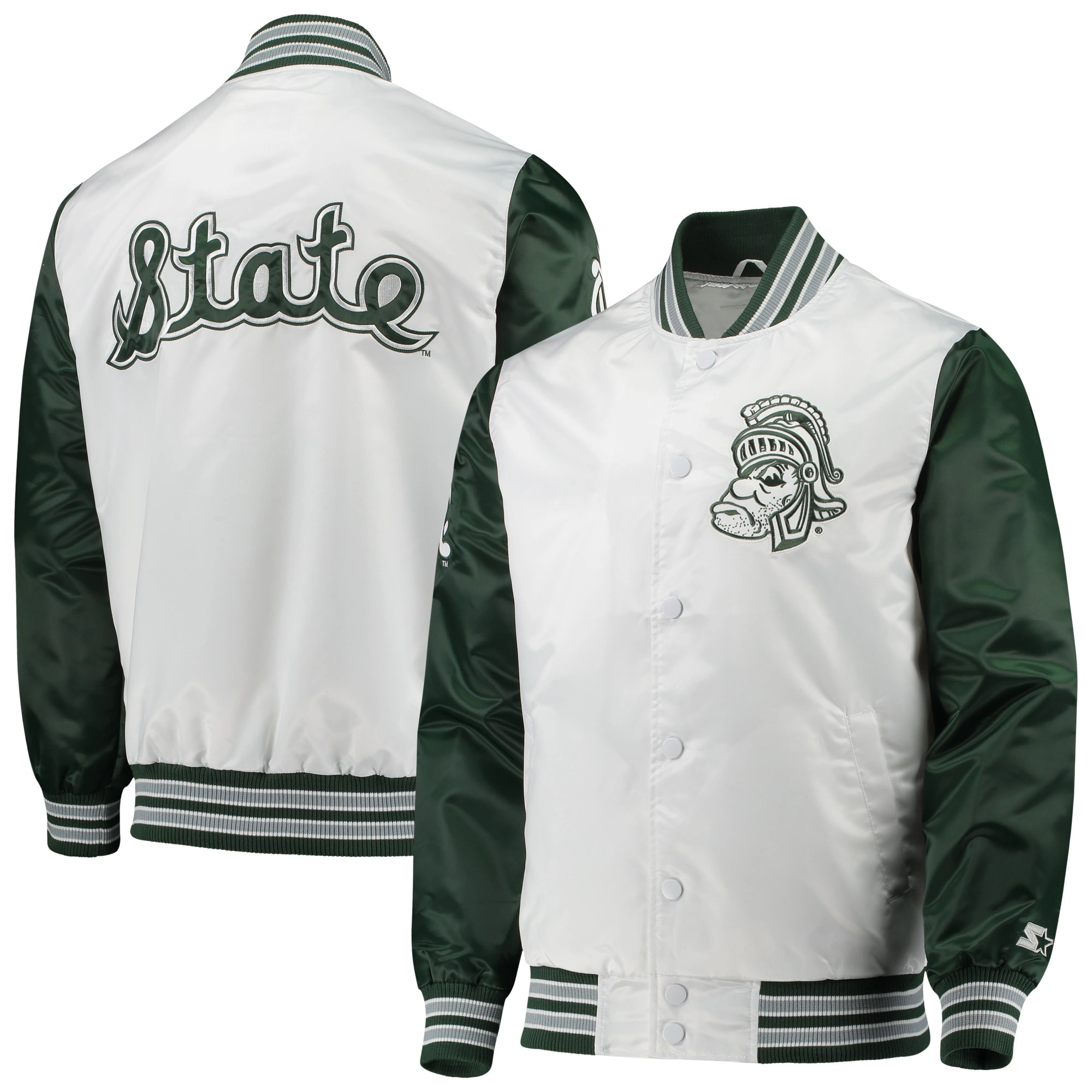 Starter white green michigan state spartans the legend full snap satin varsity jacket 1