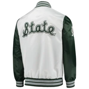 Starter white green michigan state spartans the legend full snap satin varsity jacket 2 1