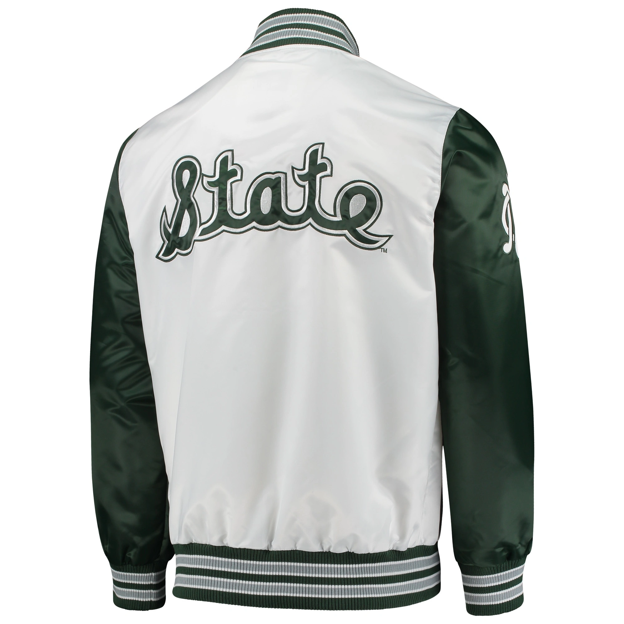 Starter white green michigan state spartans the legend full snap satin varsity jacket 2 1