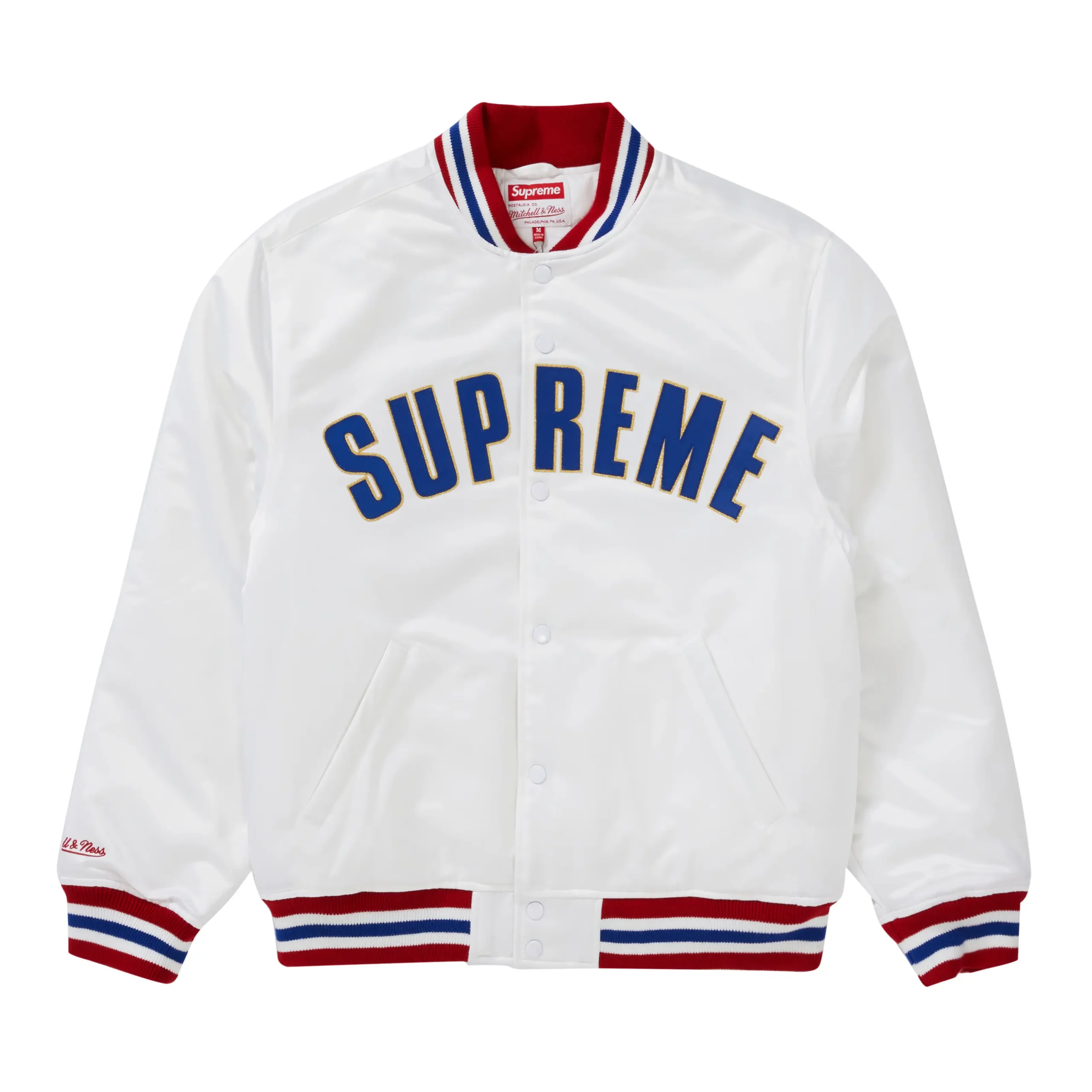 Supreme x mitchell ness white satin varsity jacket 1 scaled 1