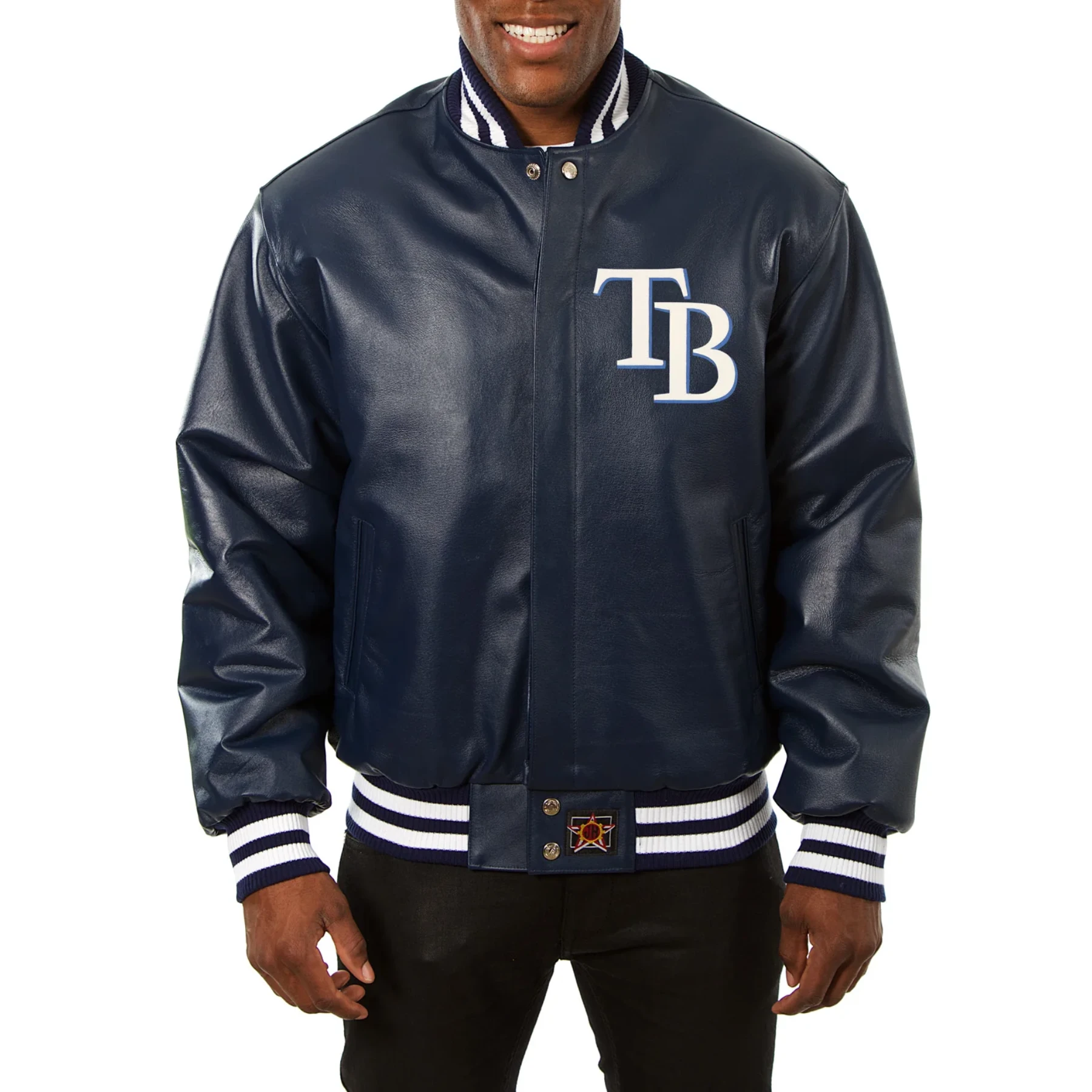 Tampa bay rays genuine leather varsity jacket navy 1